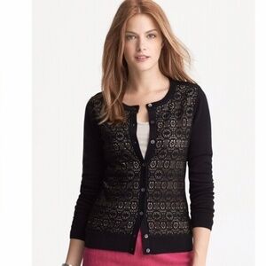 EUC Banana Republic Layering Preppy Laser Lace Cardigan Soft Sweater Black Tan M